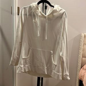 Distressed, hooded, white, long sleeve sweatshirt